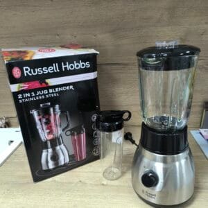 Russell Hobbs 2‑в‑1 блендер с чаша 1,5 л и мини смути мейкър 0,6 л (без BPA, метален дизайн)